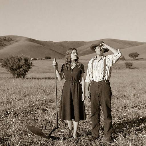 Sepia Vintage Couple Beside the Plow