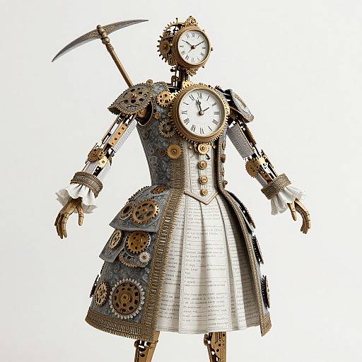 Steampunk clockwork figure with two clocks, gear-adorned dress, and scythe, combining vintage and industrial elements in a detailed, mechanical