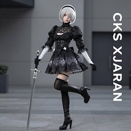 Female Cosplayer in Gothic Lolita Dress with Sword