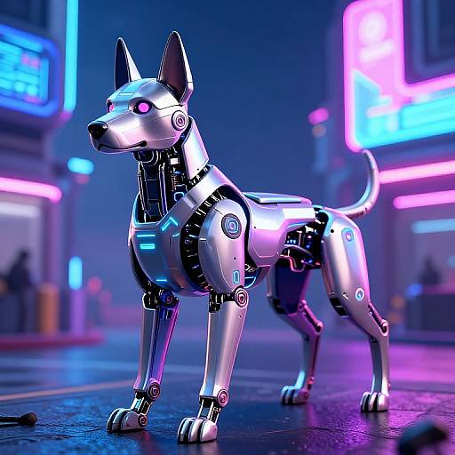 Neon-lit cyberdog: shiny metallic robotic dog with purple eyes, standing on a wet city street, surrounded by vibrant, glowing neon signs.