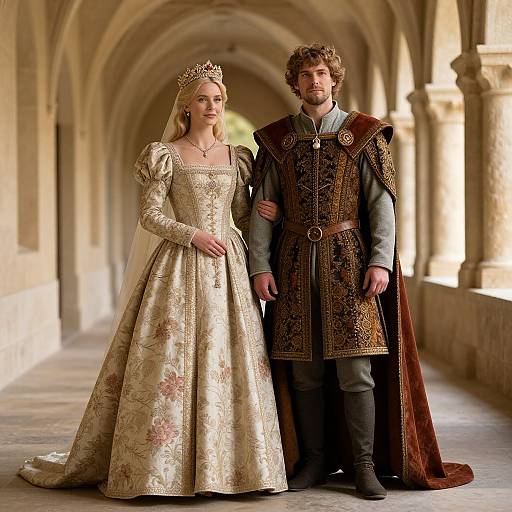 Photograph of a regal couple in a medieval-style hallway: a blonde woman in a gold floral gown with tiara, and a curly-haired man
