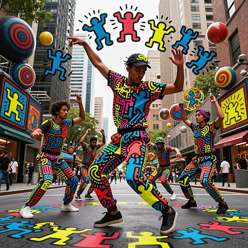 Photograph of three African-American dancers in vibrant, colorful, patterned costumes performing on a city street, juggling balloons and silhouetted figures