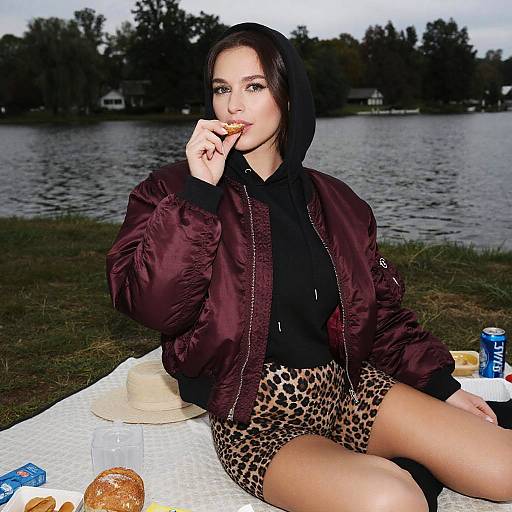 Photograph of a woman with fair skin, dark hair, wearing a maroon jacket and leopard print skirt, eating a sandwich by a lake, with