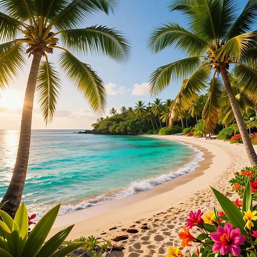 Photograph of a tropical beach with golden sand, turquoise water, swaying palm trees, vibrant flowers, and a sunny, clear blue sky.