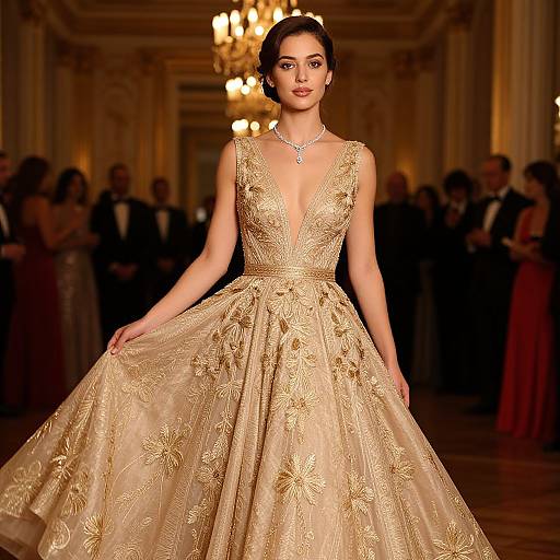 Elegant Evening Fashion in Opulent Ballroom