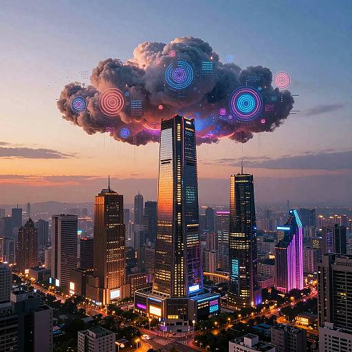 Digital artwork of a city skyline at dusk with a glowing, cloud-like structure above featuring neon rings and holographic patterns.