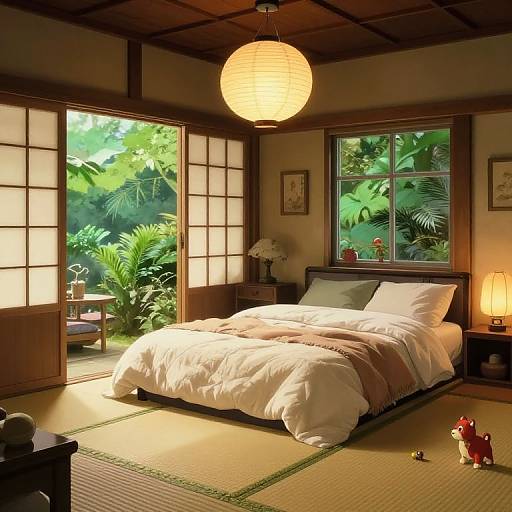 Photograph of a serene Japanese-style bedroom with a wooden bed, white bedding, lantern light, tatami mat, and lush green garden view.