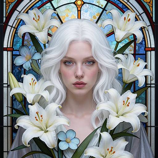 Digital painting of a pale-skinned woman with white wavy hair, surrounded by white lilies, in front of a stained glass window.
