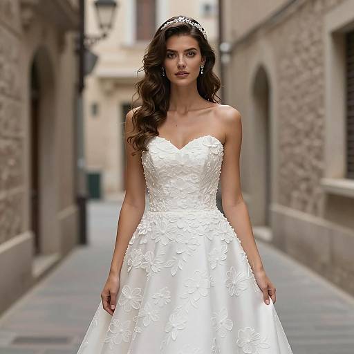 Elegant Woman in Floral Strapless Wedding Dress