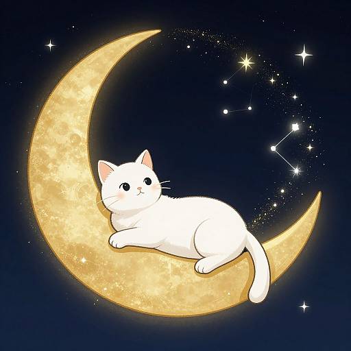 Digital illustration of a white cat lounging on a glowing yellow crescent moon against a dark starry night sky with a constellation.