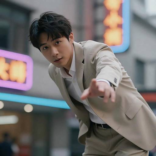 Asian Man in Beige Suit Reaching Forward