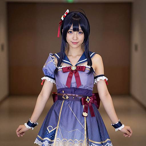 Digital CGI image of an Asian woman in a blue and purple anime-style sailor dress with red bows, white frills, and heart motifs, standing in