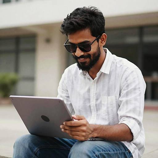 Smiling Bearded Man with Tablet Outdoors