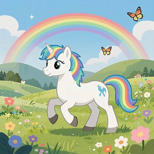 Whimsical Rainbow Horse in Colorful Meadow