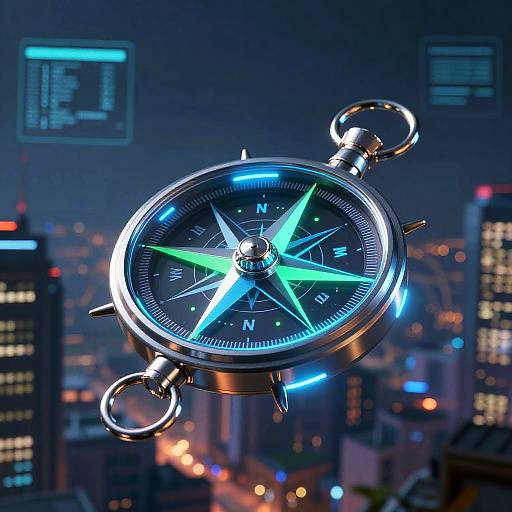 Futuristic Neon Compass in Cyberpunk Cityscape
