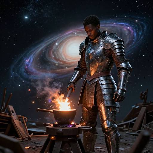 Photorealistic digital art of a black armored knight forging in space, with a fiery forge and spiral galaxy in the background.