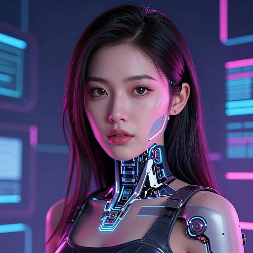 CGI image of an Asian woman with long black hair, cybernetic enhancements, and glowing neon lights in a futuristic, dark blue-lit background