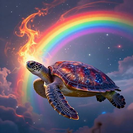 Digital artwork of a turtle flying through a vibrant, starry sky with a rainbow and fiery sunburst behind it.