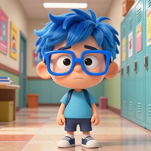 CGI cartoon of a blue-haired boy with large blue glasses, wearing a blue shirt, dark shorts, and white shoes, standing in a bright,