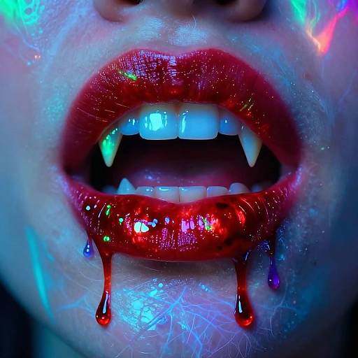 Close-up photograph of a person's mouth with glossy, red, blood-streaked lips, sharp white fangs, and colorful lights reflecting on teeth