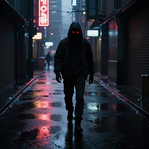 Photograph of a hooded figure with glowing red eyes walking down a wet, neon-lit alley at night, reflections on the glossy pavement.