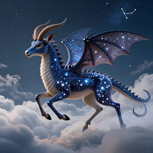 Digital artwork of a blue, star-covered dragon with glowing wings and horns, soaring through a night sky filled with clouds and a visible constellation.