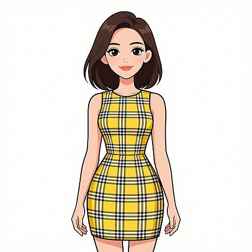 Smiling Woman in Yellow Plaid Dress