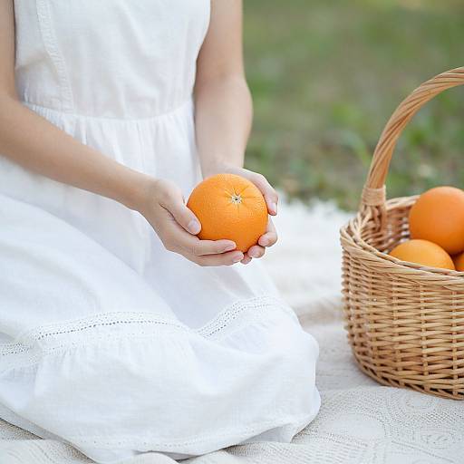 Photograph of a child in a white, sleeveless, embroidered dress, holding an orange, with a wicker basket of oranges on a grassy