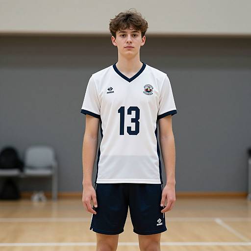 Photograph of a young male volleyball player with curly brown hair, wearing a white jersey with black trim and number 13, standing in a gymnas