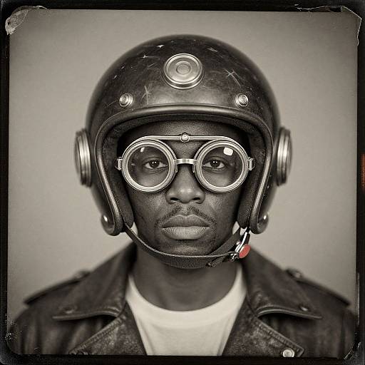 Black-and-white photograph of a serious-looking African man with dark skin, wearing a vintage helmet, round goggles, and leather jacket.