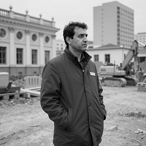 Man in Dark Coat at Construction Site