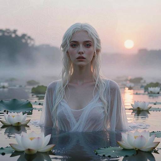 Ethereal Woman Among Lotus Blossoms