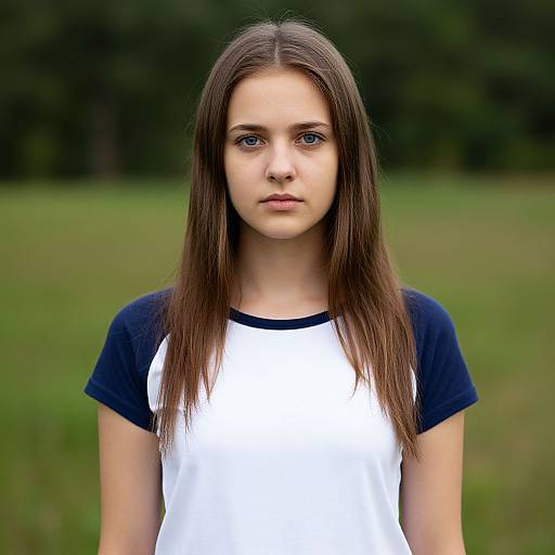 Photograph of a young white girl with long brown hair, blue eyes, wearing a white and navy raglan shirt, standing in a blurred green field
