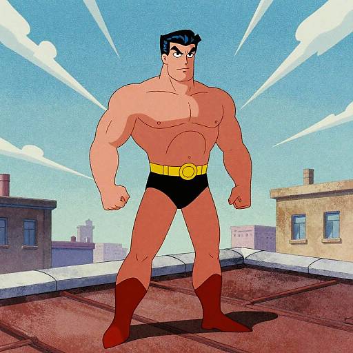 Retro Cartoon Superhero on Rooftop