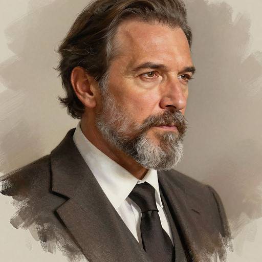 Photorealistic digital portrait of an older, serious-looking man with gray hair and beard, wearing a dark suit, white shirt, and black tie,