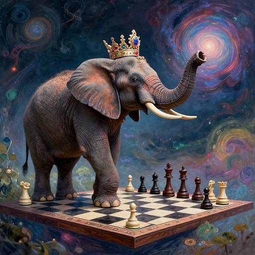 Digital artwork of a crowned elephant playing chess, reaching for a glowing orb, with a swirling, colorful cosmic background.