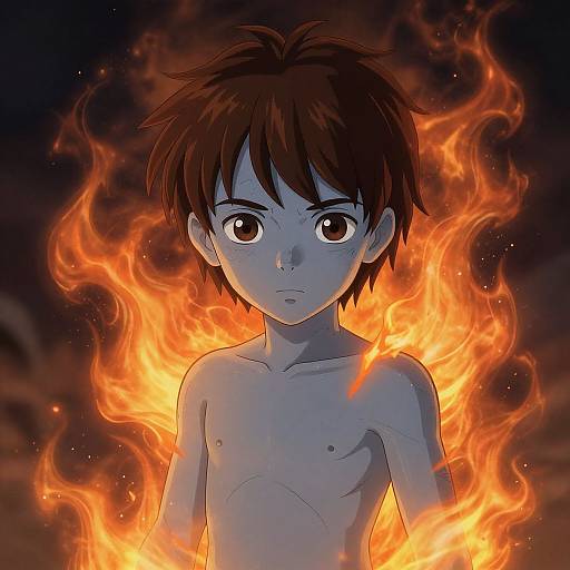 Digital anime-style artwork of a shirtless young boy with brown hair and large eyes, surrounded by bright orange and yellow flames.