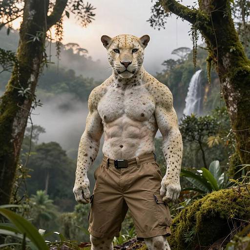 Muscular White Jaguar on Misty Ridge