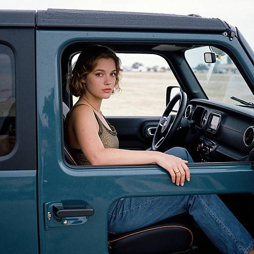 Photograph of a young woman with wavy brown hair, wearing a black tank top and blue jeans, sitting in a dark green vintage car, looking