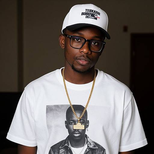 Photograph of a young Black man with dark skin, wearing a white cap, black-rimmed glasses, white t-shirt with black portrait, gold
