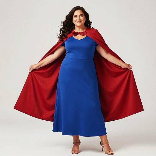 Elegant Woman in Blue Dress and Red Cape