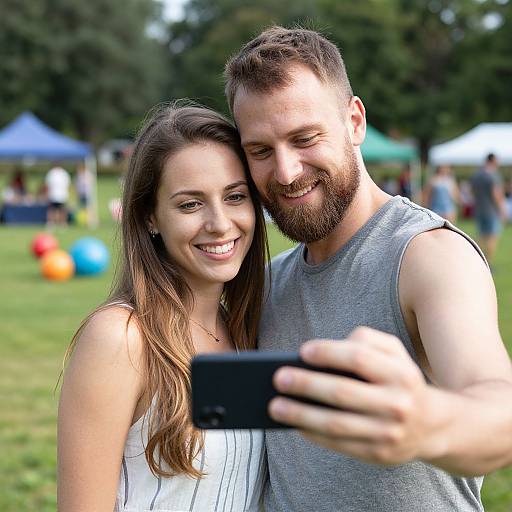 Photograph of a smiling brown-haired woman and bearded man in gray sleeveless shirt taking a selfie outdoors in a park.