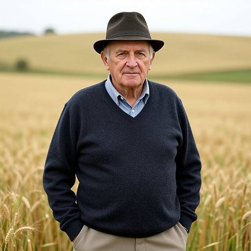 Photograph of an elderly Caucasian man with wrinkles, wearing a black hat, blue shirt, dark sweater, and beige pants, standing in a golden wheat