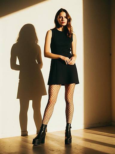 Woman in Black Mini Dress and Fishnet Tights