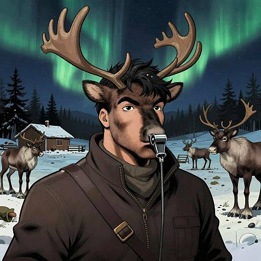 Reindeer Trainer Under Aurora Night