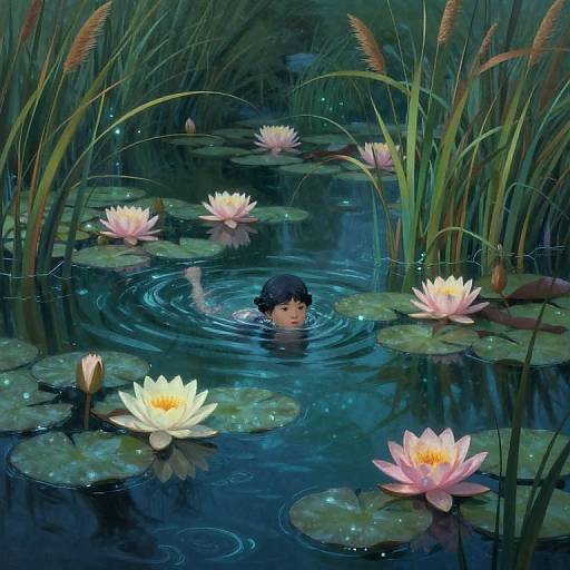 Digital painting of a lone child with dark hair, partially submerged in a dark blue pond surrounded by pink water lilies and tall grass. Ripples eman