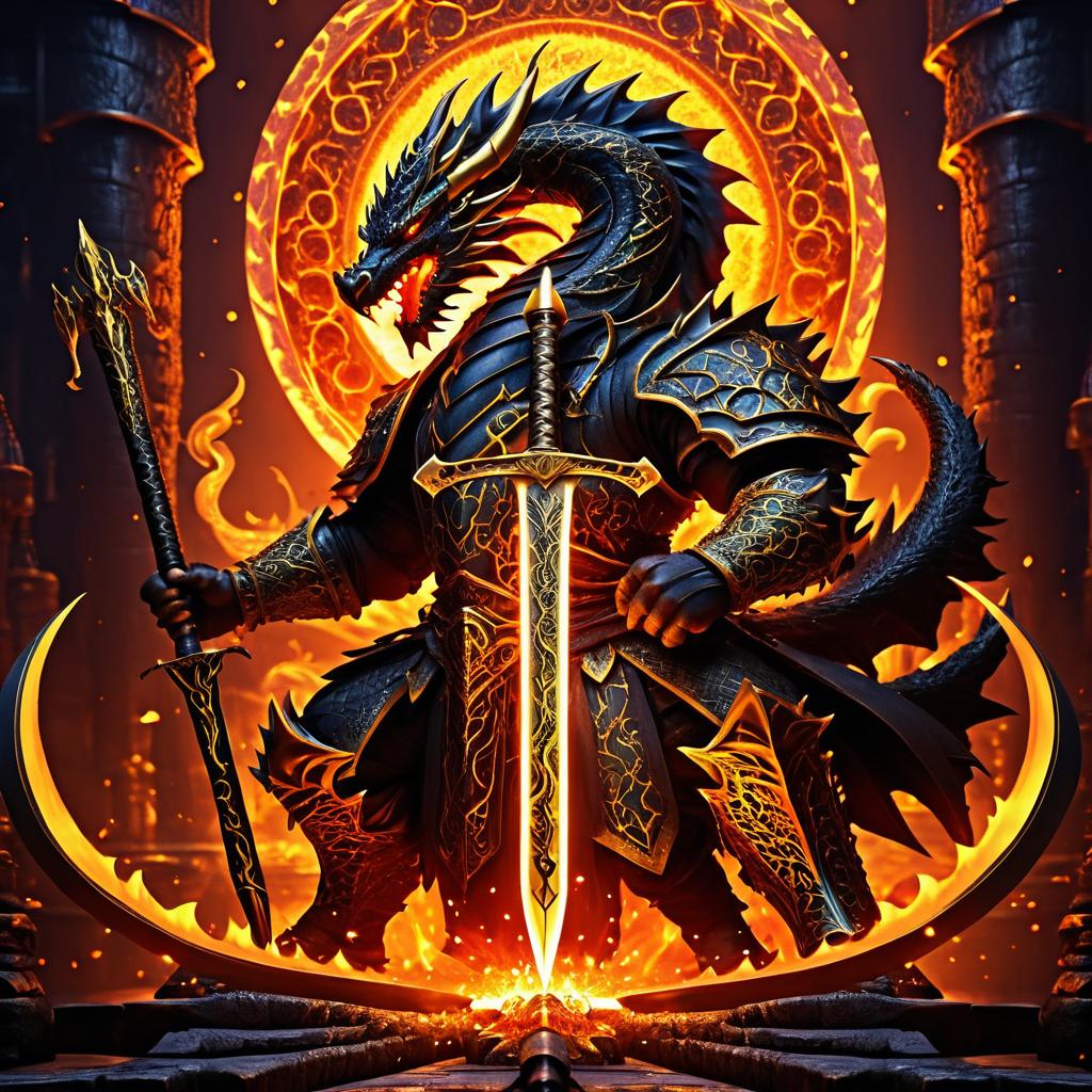 Dragon Blacksmith Forging a Golden Sword