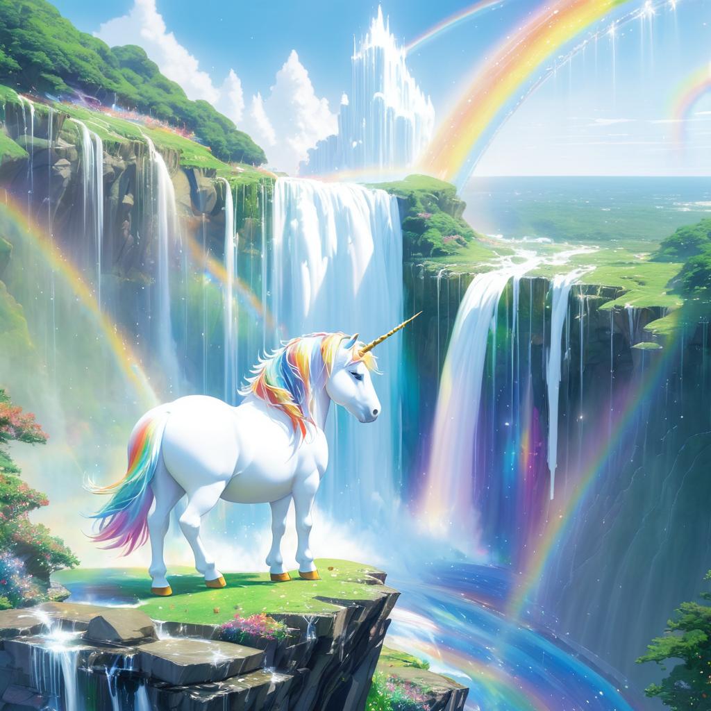 Chubby Unicorn on Cliff with Waterfalls