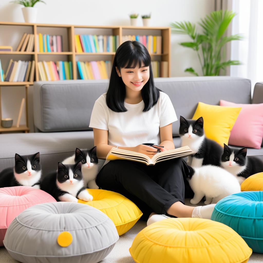 Smiling Girl Reading to Playful Kittens