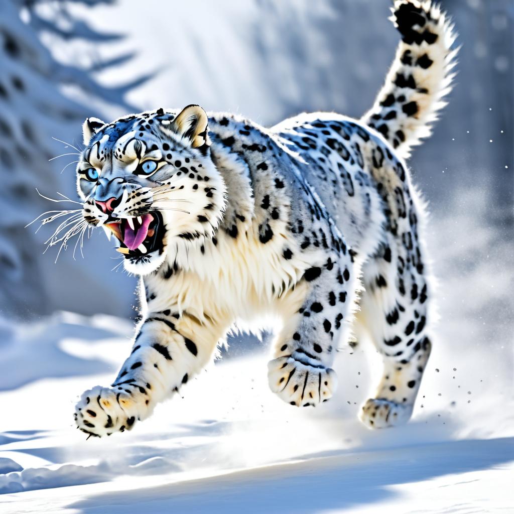 Snow Leopard Lunging in Fierce Action